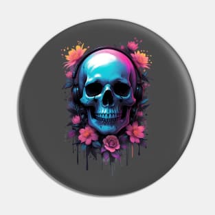 Skull with Music Headphones and Flowers Pin