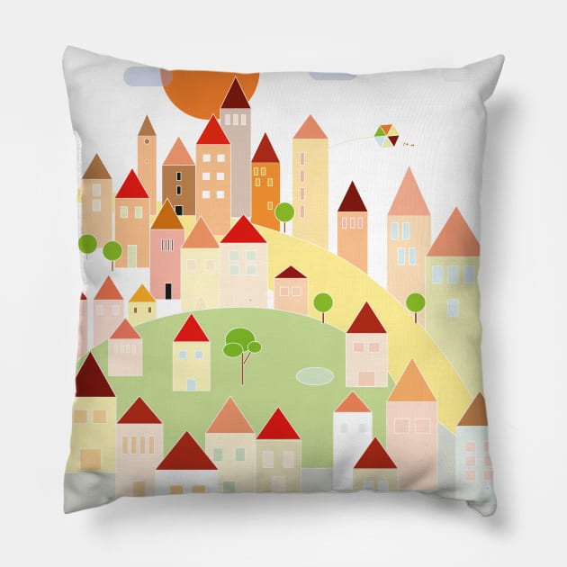 Hillside town Pillow by Slownessi