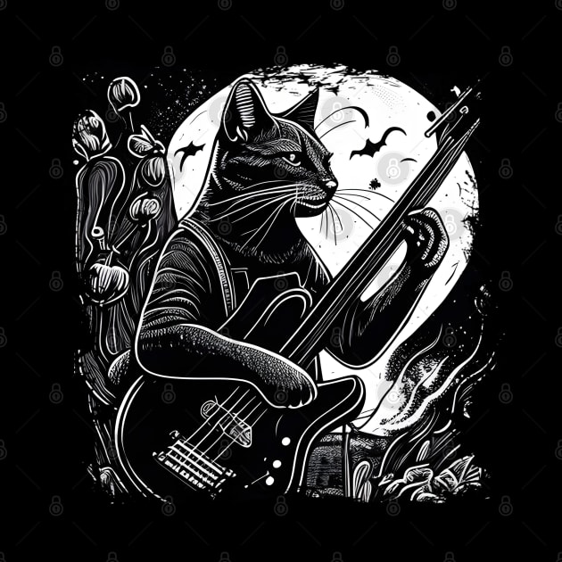 Cute Musician Black Cat Kitty Playing Guitar - Funny Cats by Wesley Mcanderson Jones