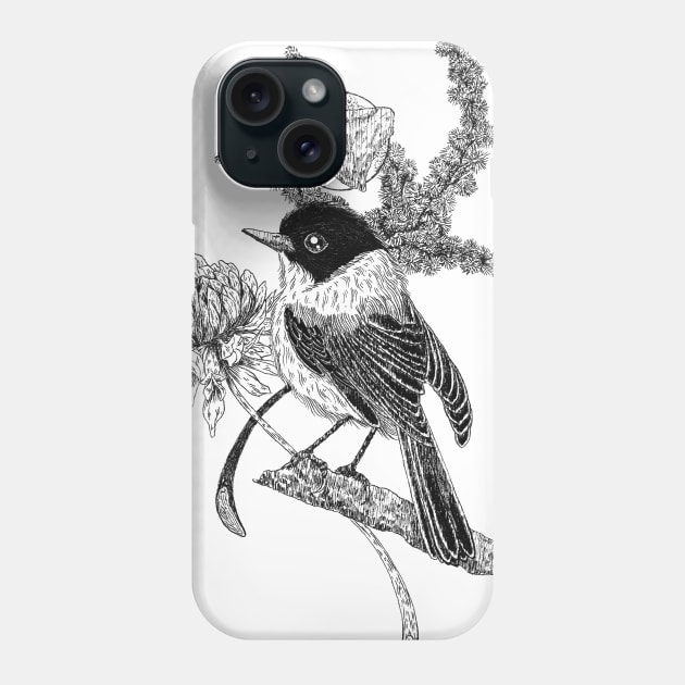 Flycatcher Bird & Flowers | Black Phone Case by Heymerac