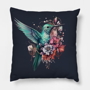 Hummingbird and Floral Illustration Pillow