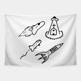 Space Rockets and UFO Doodle Art Tapestry