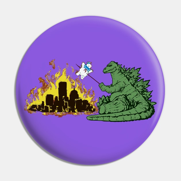 Godzilla vs Marshmallowman Pin by Uwantmytees