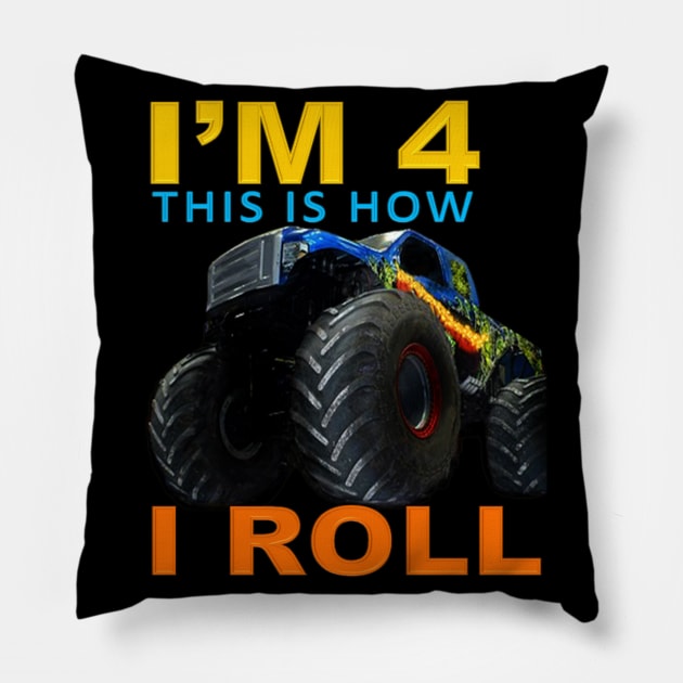 I'm 4 This Is How I Roll Kids Monster Truck fourth Birthday Pillow by Jozka