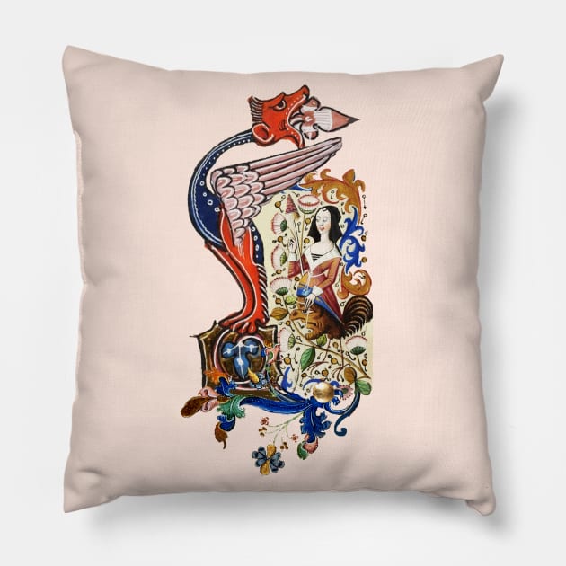 WEIRD MEDIEVAL BESTIARY Dragon and Spinning Harpy Among Flowers Pillow by BulganLumini