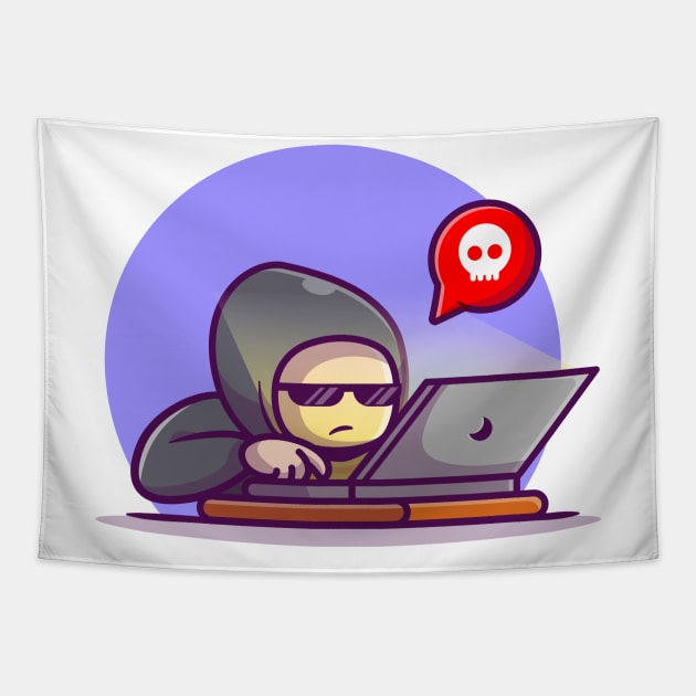 Hacker Operating Laptop Cartoon Tapestry by Catalyst Labs