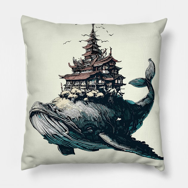 Fantasy whale village Pillow by TomFrontierArt