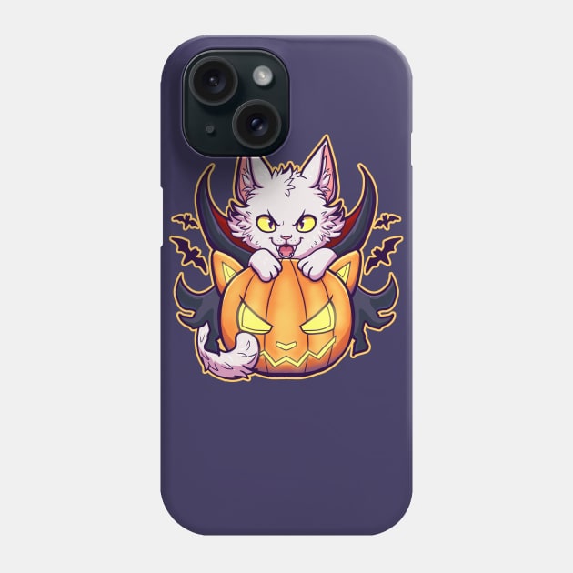 cute white cat wearing dracula costume with a halloween pumpkin Phone Case by ISAGU ART STORE