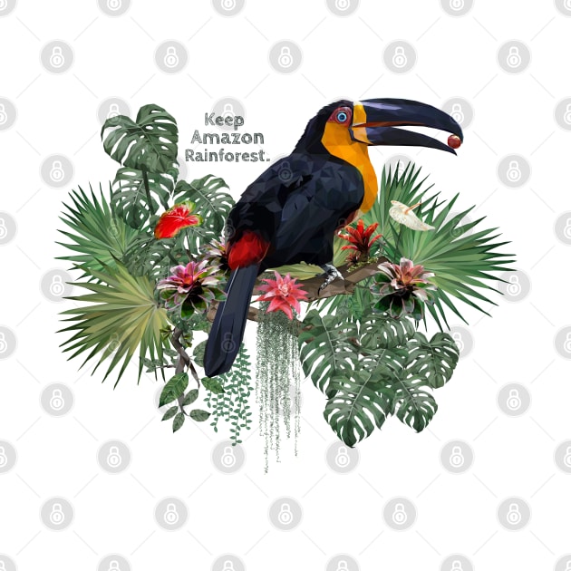 Polygonal art of Ariel toucan bird with Amazon leafs. by Lewzy Design