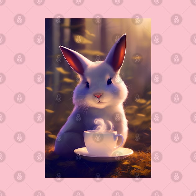 Cute White Rabbit with a mug cup of morning coffee by akwl.design