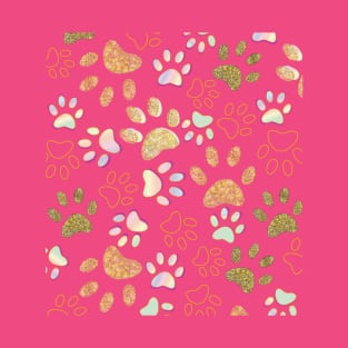 Golden Shining Paw Prints and Spectrum Colored T-Shirt