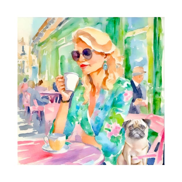 Girl and her pug in a Parisian cafe, watercolor painting by SophieClimaArt