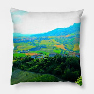 View in Castignano at Mount Ascension, fields and meadows, houses and trees Pillow