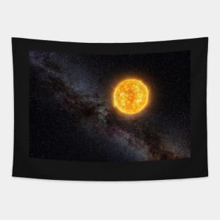 Bright Sun against dark starry sky and Milky Way in Solar System Tapestry