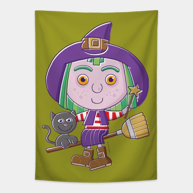 Cute Witch Cartoon Tapestry by vaughanduck