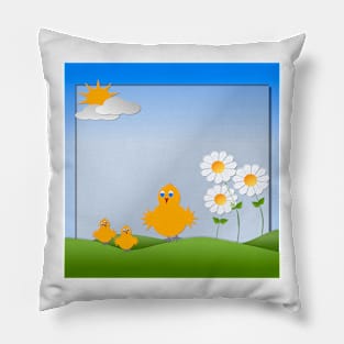 Birds with hills, sun, clouds depicting a scene of Spring season Pillow