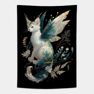 Majestic Cat Dragon Fairy Art - White and Teal with Gold Accents Tapestry