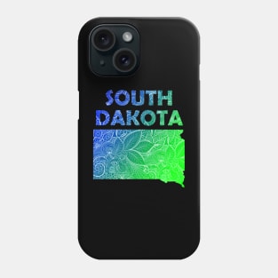 Colorful mandala art map of South Dakota with text in blue and green Phone Case