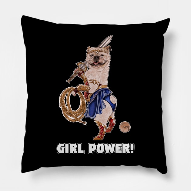 Bulldog - Girl Power - Quote - White Outlined Version Pillow by Nat Ewert Art