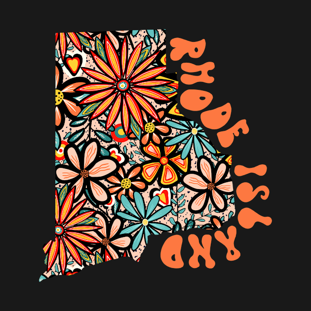 Rhode Island State Design | Artist Designed Illustration Featuring Rhode Island State Filled With Retro Flowers with Retro Hand-Lettering by MarcyBrennanArt