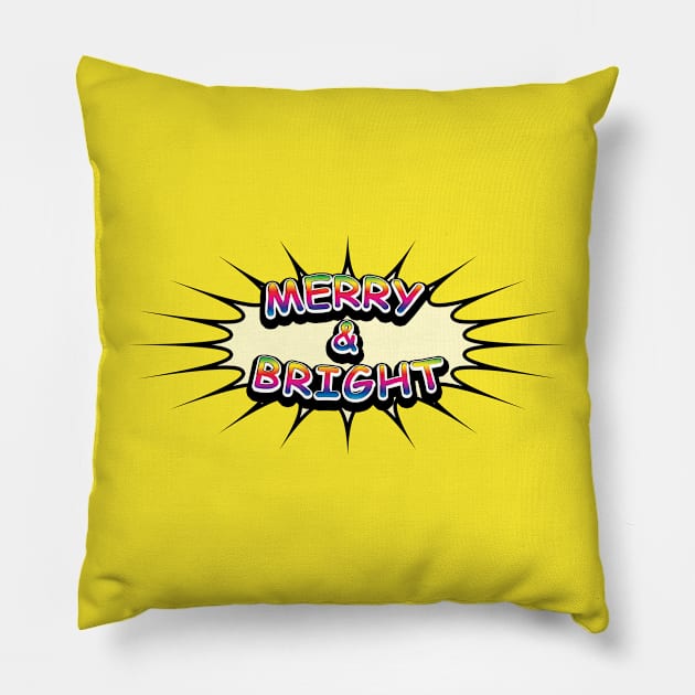 Comic Book Style 'Merry & Bright' Message on Yellow Pillow by karenmcfarland13