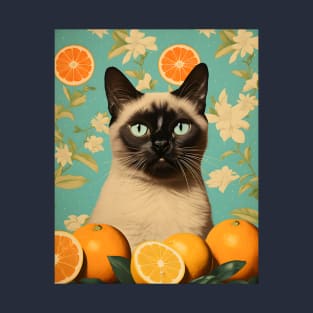 Retro Kitsch Siamese Cat and Citrus Fruit Collage T-Shirt