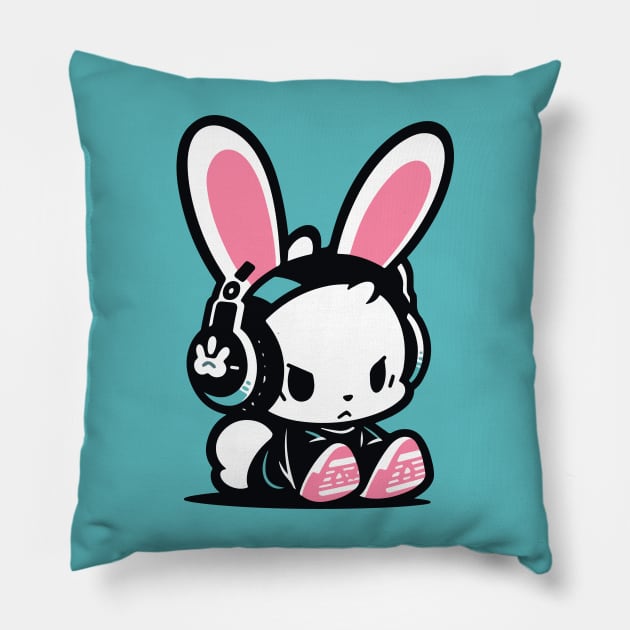 Cool Bunny - Gamer Clothing - Pink and Turquoise Pillow by TeeTopiaNovelty