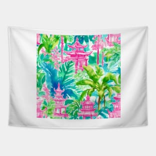 Preppy pink and green pagoda garden watercolor Tapestry