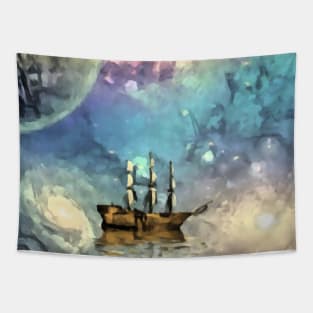 Sailing ship with full sails in fantastic space Tapestry