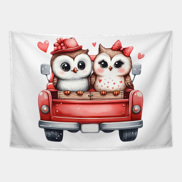 Valentine Owl Couple Sitting On Truck Tapestry by Chromatic Fusion Studio