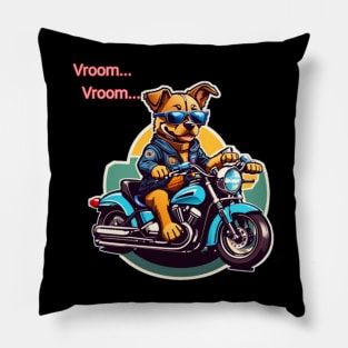 cute dog with sunglasses raiding bike funny Pillow