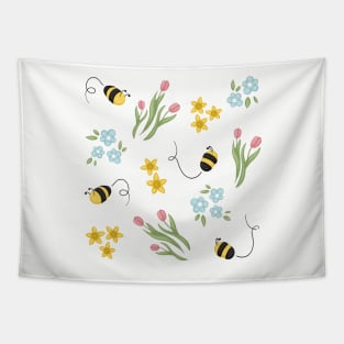Cute Spring Bee Tulips and Daffodils Flower Pattern Digital Illustration Tapestry