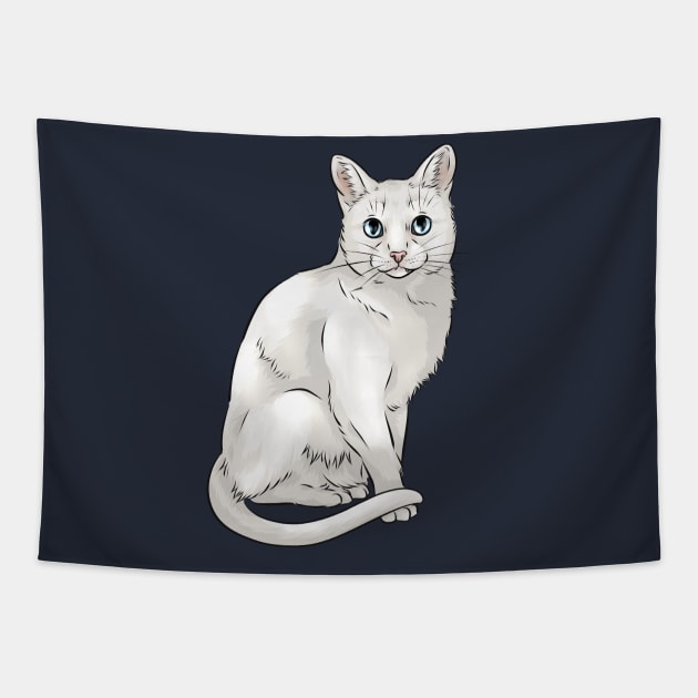 Cute White Cat with Blue Eyes Tapestry by Shirin Illustration