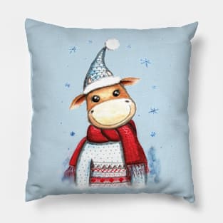 Cute bull in sweater and hat. Christmas watercolor illustration for printing. Pillow