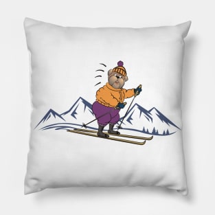 Cute Cartoon Dog Skiing in the Winter Mountains Pillow