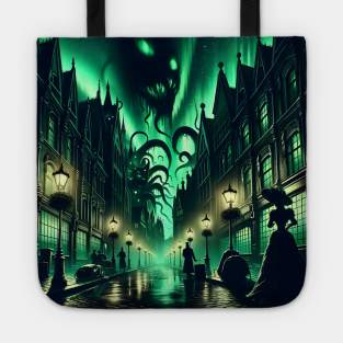 A Victorian city street where shadows turn into monstrous forms under a green sky Tote