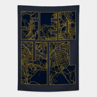 Seoul, South Korea City Map Typography - Gold Art Deco Tapestry