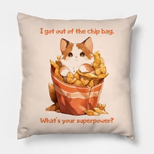 A cat crawls out of a packet of chips: I got out of the chip bag. What's your superpower? Pillow