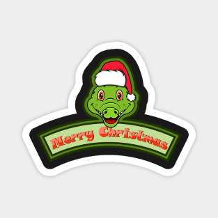 Sticker and Label Of  Crocodile Character Design and Merry Christmas Text. Magnet