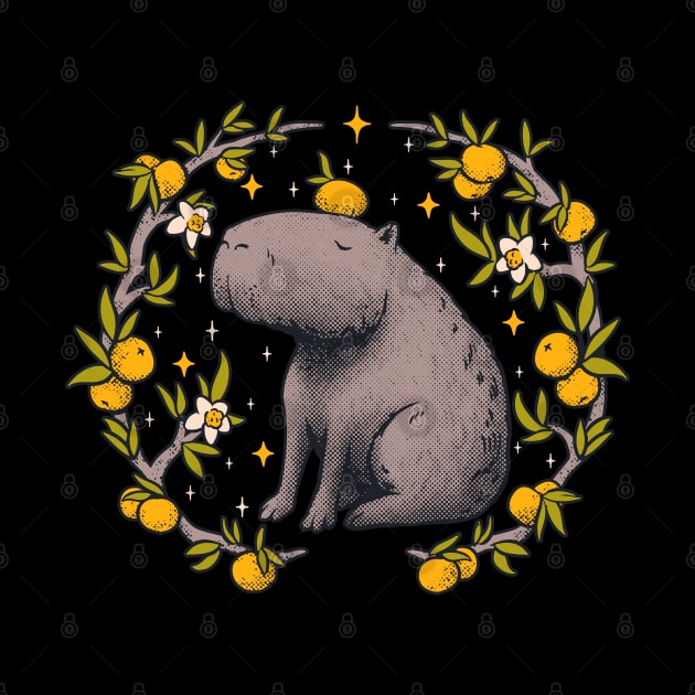 Cottagecore Aesthetic Capybara Chilling With Orange on Head | Goblincore Capy Yuzu Citrus Fruit Blossom Flowers Meditating - Dreamcore Fairytale Mycology Fungi Shrooms Forager Foraging Pet Mat Bandata by anycolordesigns