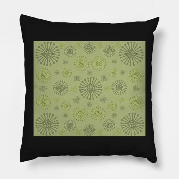 Gently on the Green. A tranquil design featuring wagon wheels in soft olive and mossy green tones. Pillow by innerspectrum