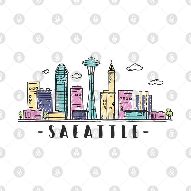 Seattle Washington Grey Skyline Hand Drawn Style by RajaGraphica