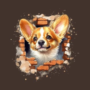 Cute Watercolor Puppy Dog Looking Through Hole in Wall Dog Lover. T-Shirt