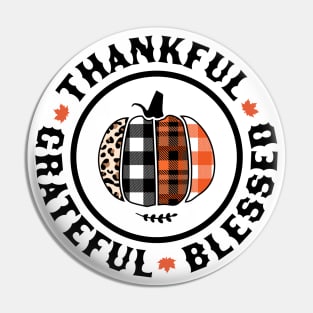 Thankful Grateful Blessed Orange Plaid Leopard Pumpkin Fall Pin