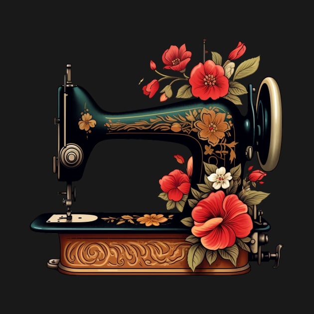 Vintage Sewing Machine With Retro Floral Flowers by MetaBrush