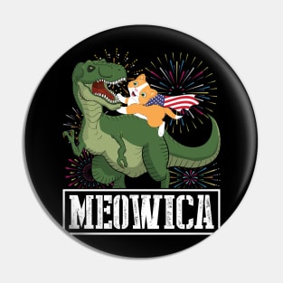 Cat With US Flag Riding Dinosaur And Fireworks MEOWICA Happy Independence July 4th Day American Cats Pin