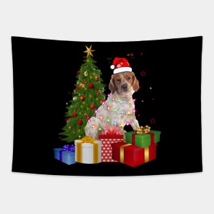 Brittany Christmas Tree Santa Hat Funny Xmas Gift Dog T-Shirt Tapestry