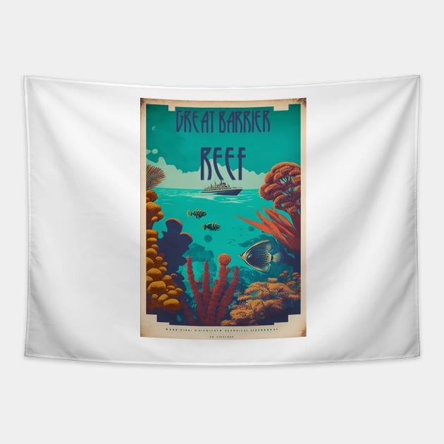 Great Barrier Reef Australia Vintage Travel Art Poster Tapestry by OldTravelArt