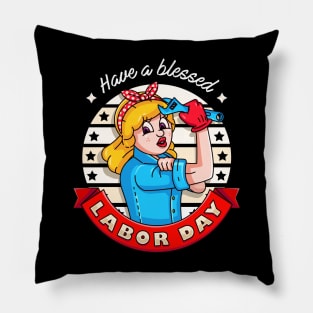 Labor Day. Retro cartoon lady showing off muscles while holding a wrench Pillow