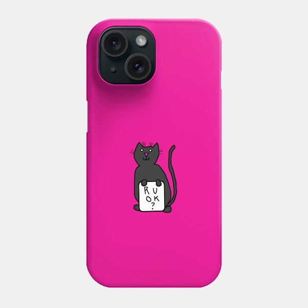 Small Black Cat asks R U OK Phone Case by ellenhenryart